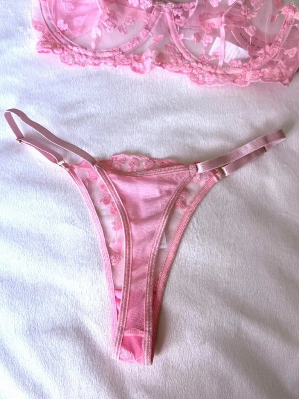 Bed of Roses Pink Heart Embroidered Mesh Lingerie Set Bra Thong Size S NWT